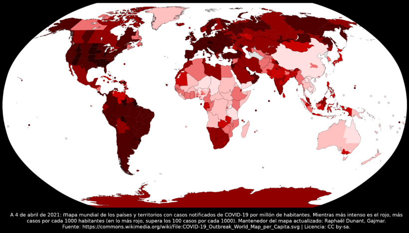 Mapa mundial de afectados por el COVID19 (abril 2021)