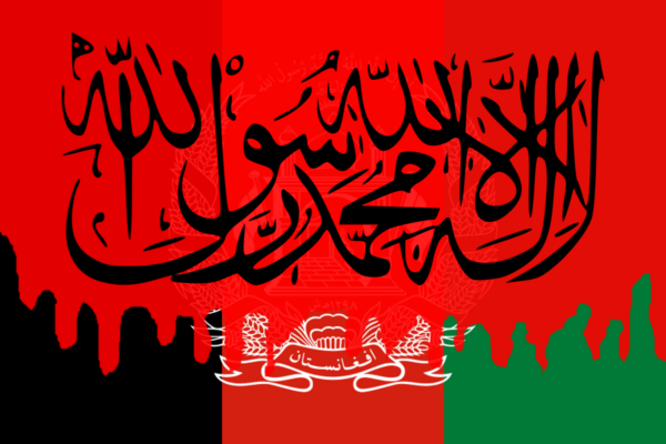 Bandera de Afganistán con sangre encima y la bandera del Emirato Islámico superpuesta.