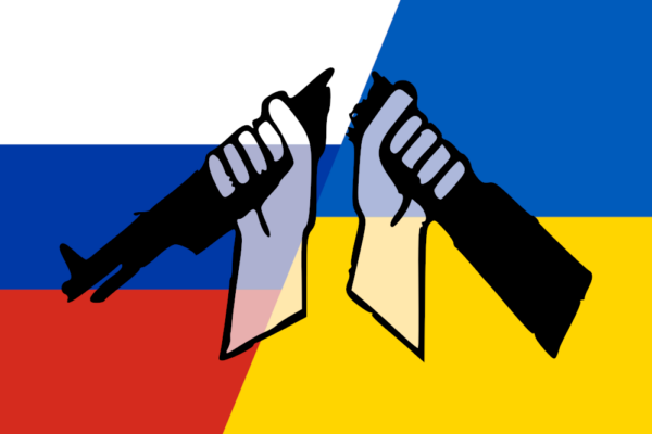 banderas e Ucrania y Rusia con el signo del antimilitarismo
