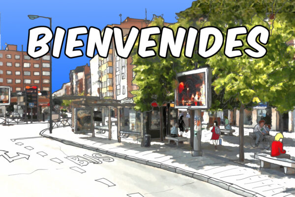 Plaza Carmen en Valladolid (Delicias) con cartel de «Bienvenides». Dibujo.