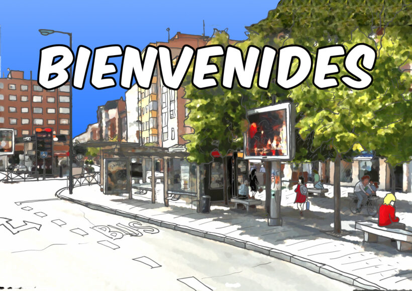 Plaza Carmen en Valladolid (Delicias) con cartel de «Bienvenides». Dibujo.